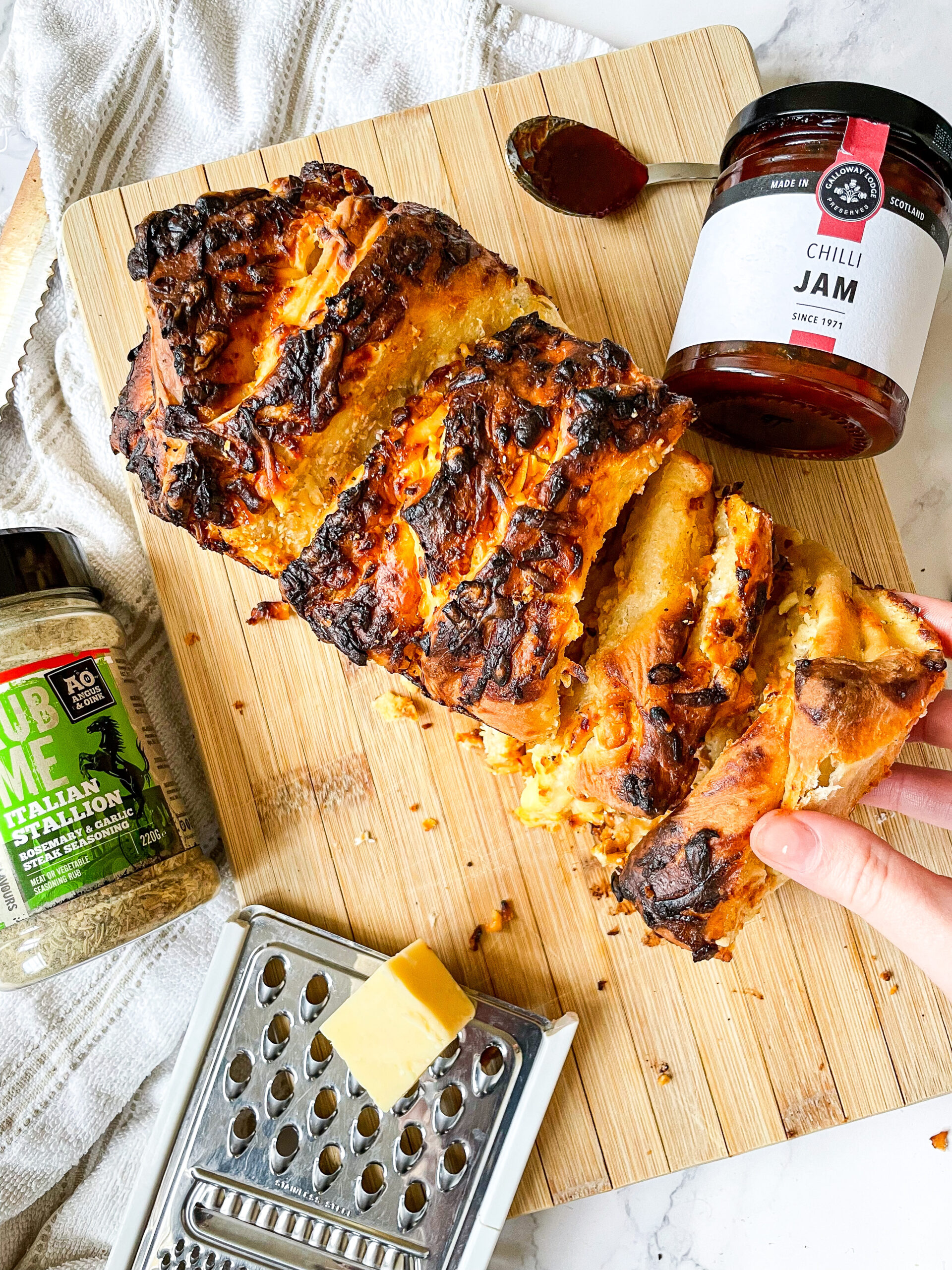 Pull Apart Garlic, Cheese and Chilli Jam Loaf