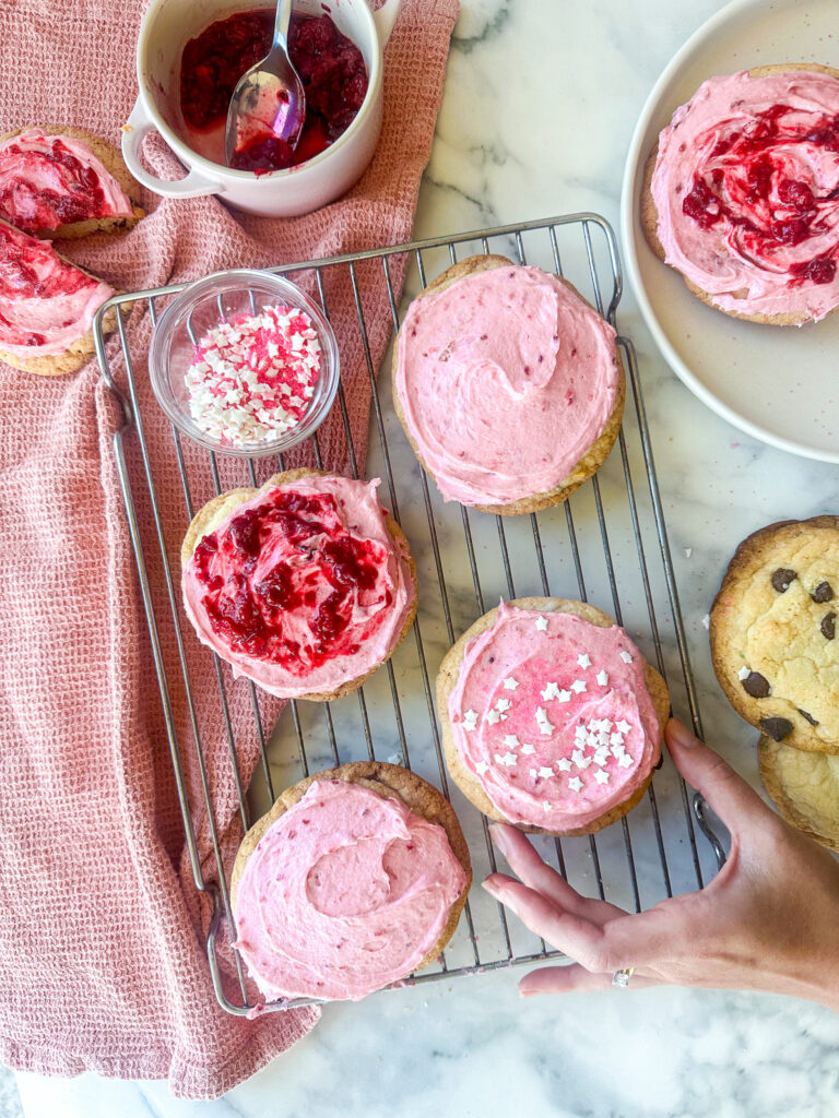 Raspberry Frosted Chocolate Chip Cookies