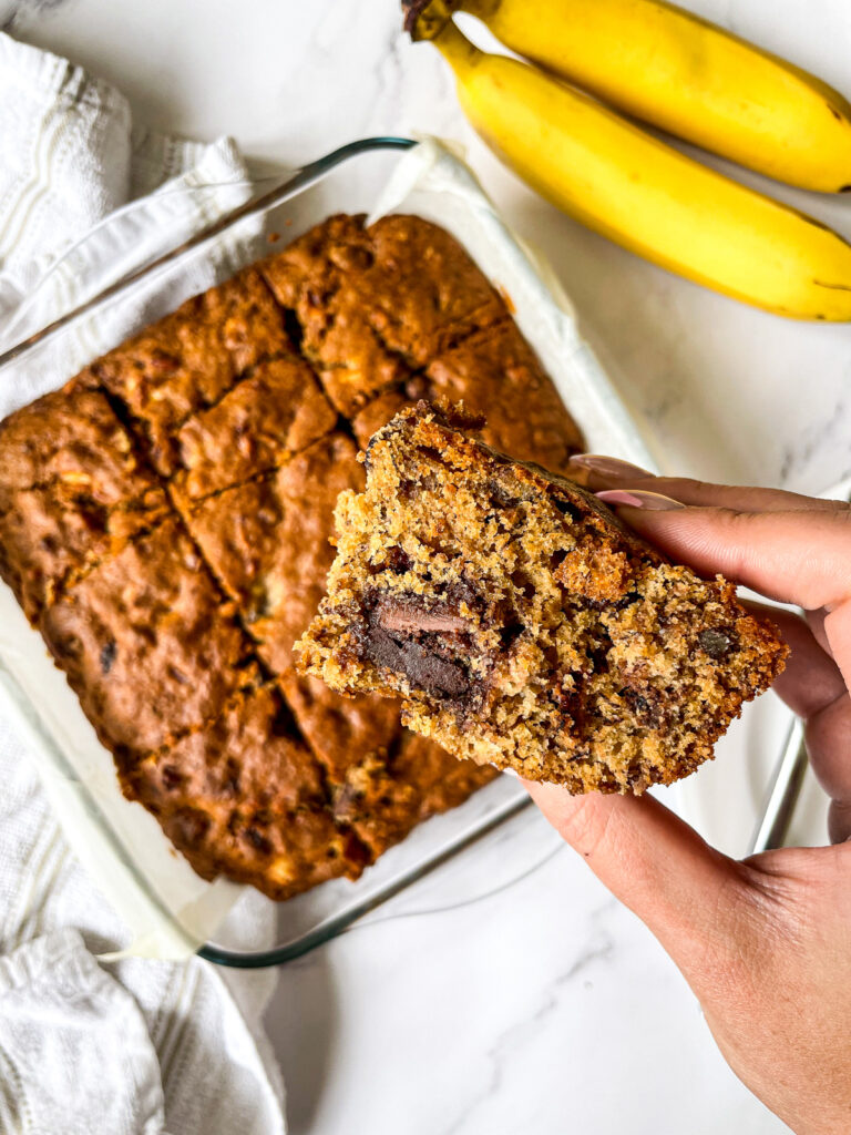 Banana Bread Bars with Chocolate and Pecans