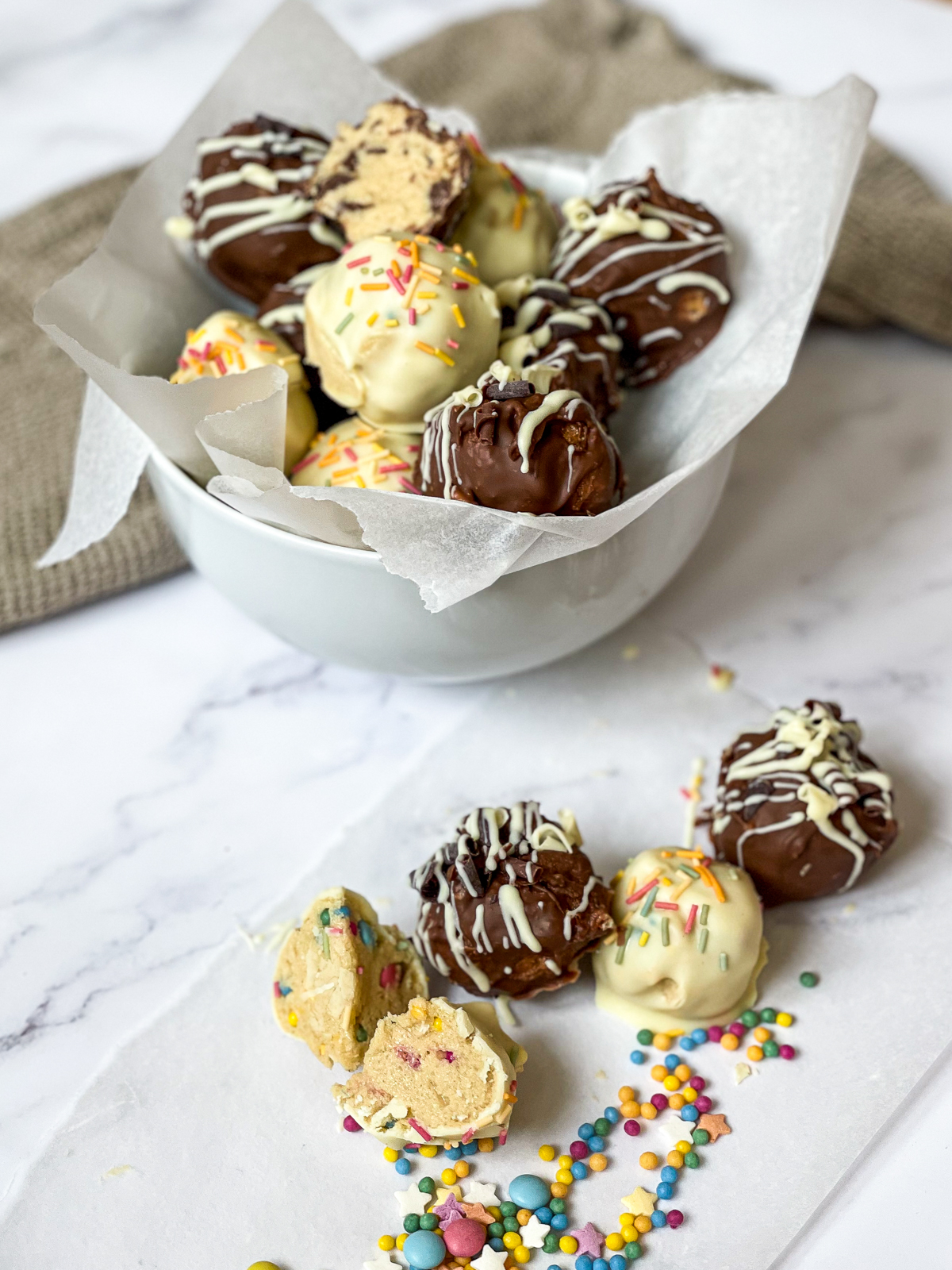 No Bake Cookie Dough Truffles 2 Ways - Milk Chocolate & Funfetti