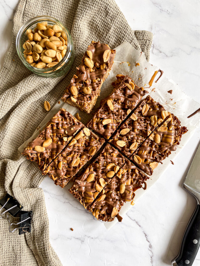Peanut and Chocolate Snickers Flapjacks