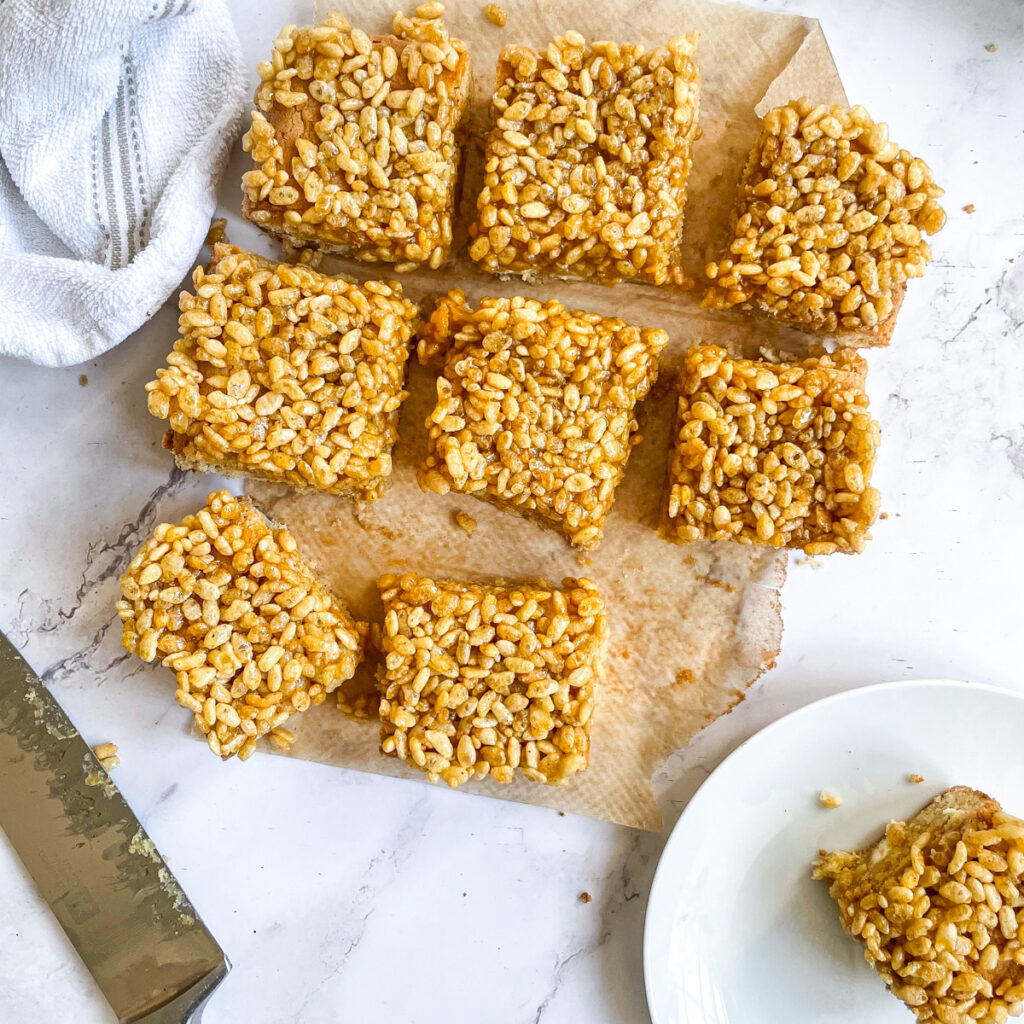 Chewy and Crunchy Caramel Rice Krispie Blondies