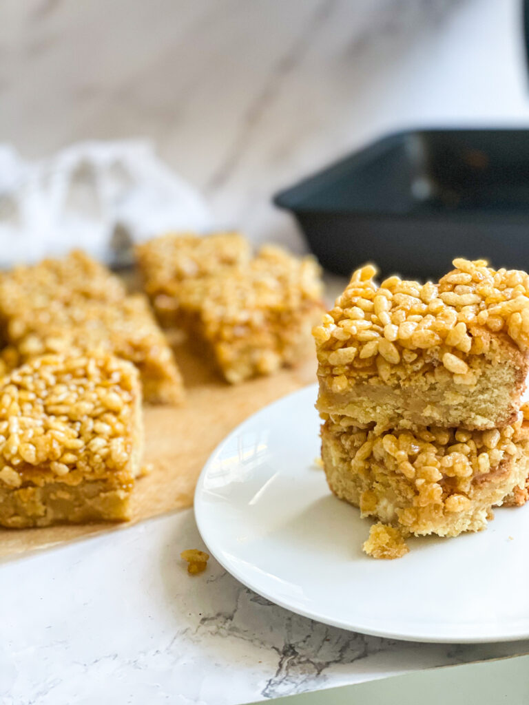 Chewy and Crunchy Caramel Rice Krispie Blondies