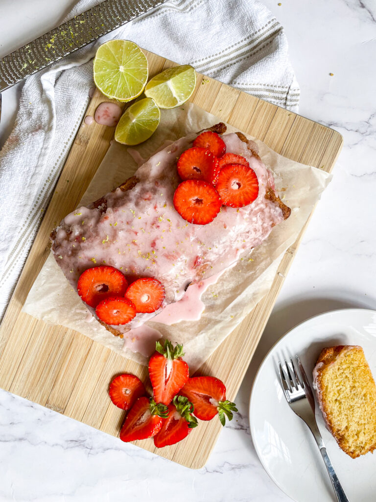 Lime Drizzle Loaf Cake with Strawberry Glaze