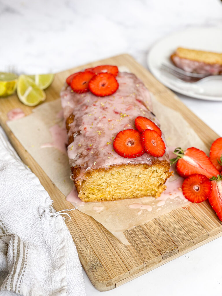 Lime Drizzle Loaf Cake with Strawberry Glaze