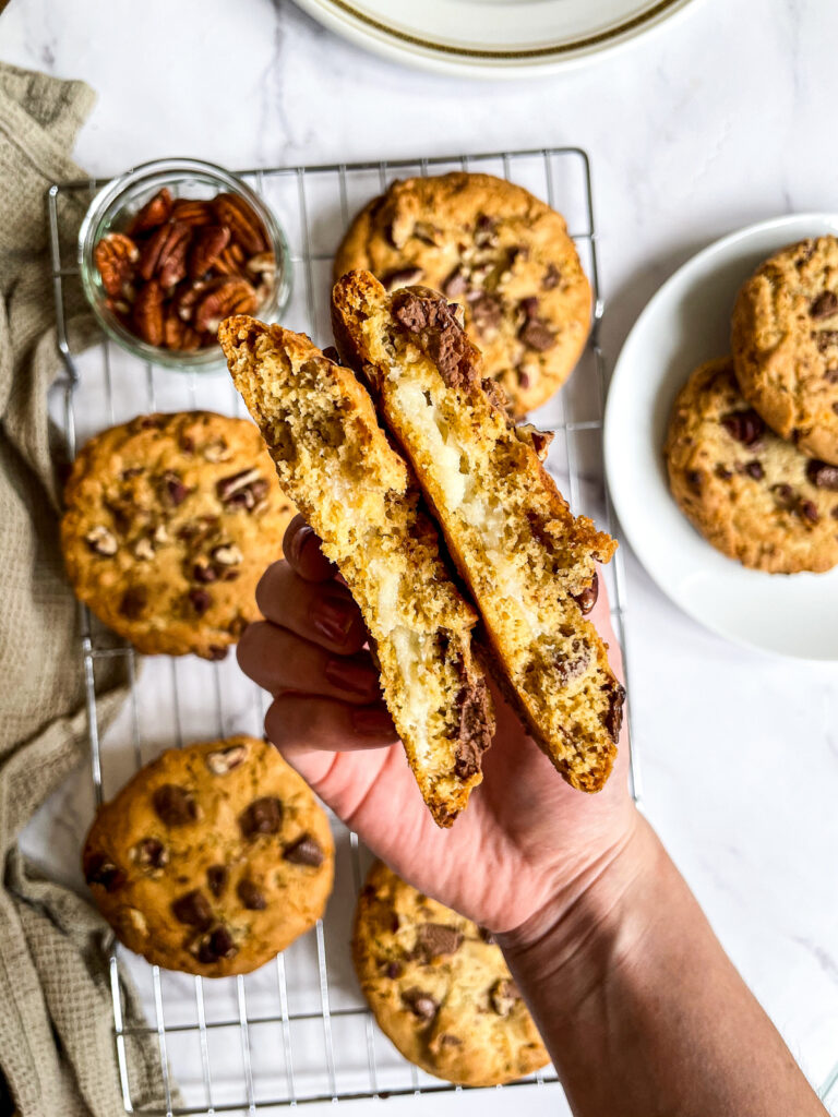 Cheesecake Stuffed Cookies with Milk Chocolate and Pecans