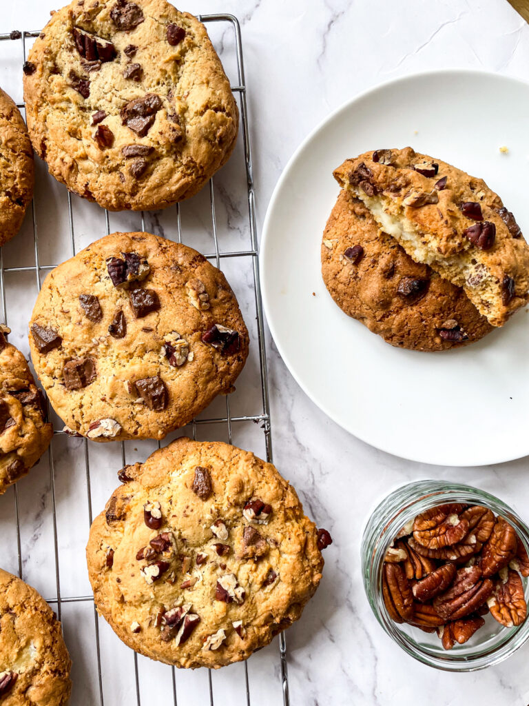 Cheesecake Stuffed Cookies with Milk Chocolate and Pecans