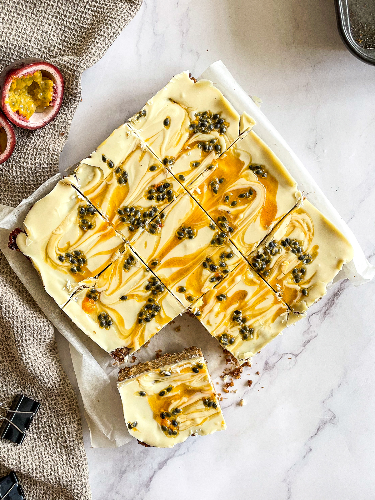 Passion Fruit and White Chocolate Flapjacks